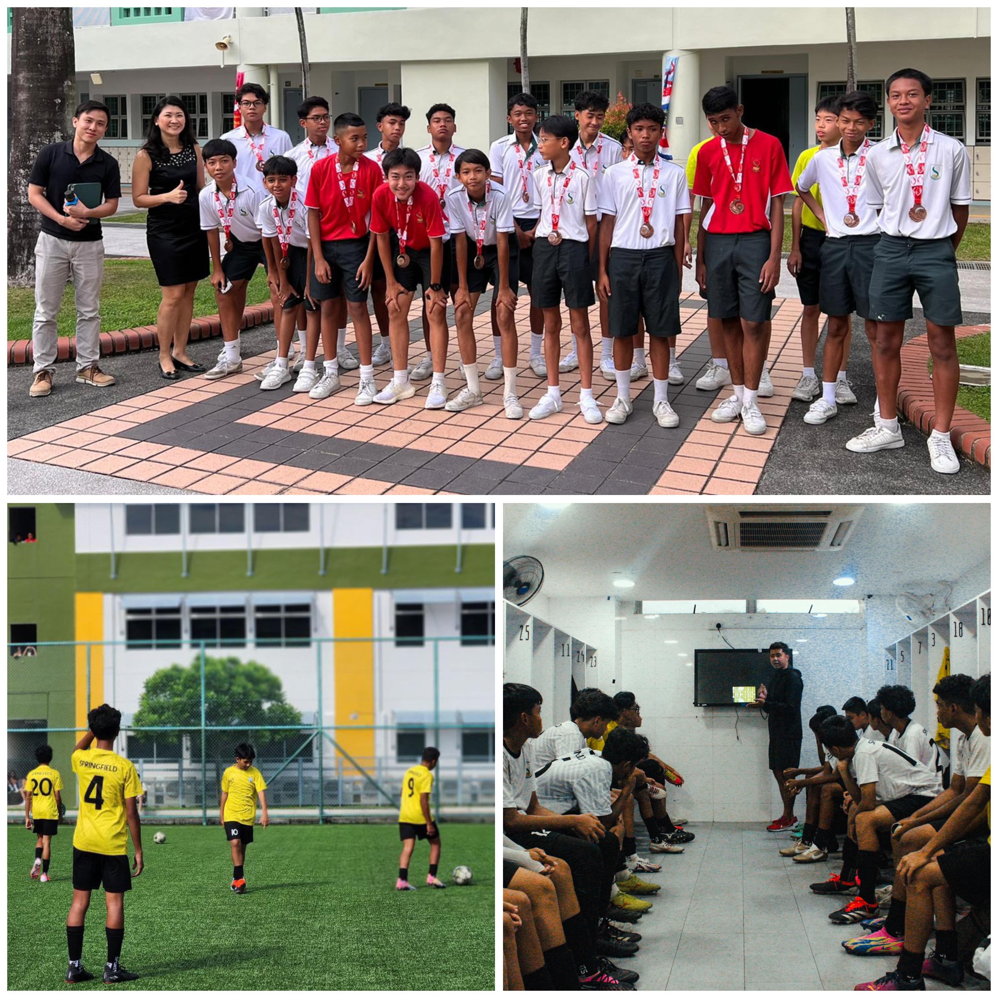 Three scenes: students posing with medals, youth players in yellow on a soccer field, and a team in a locker room briefing.