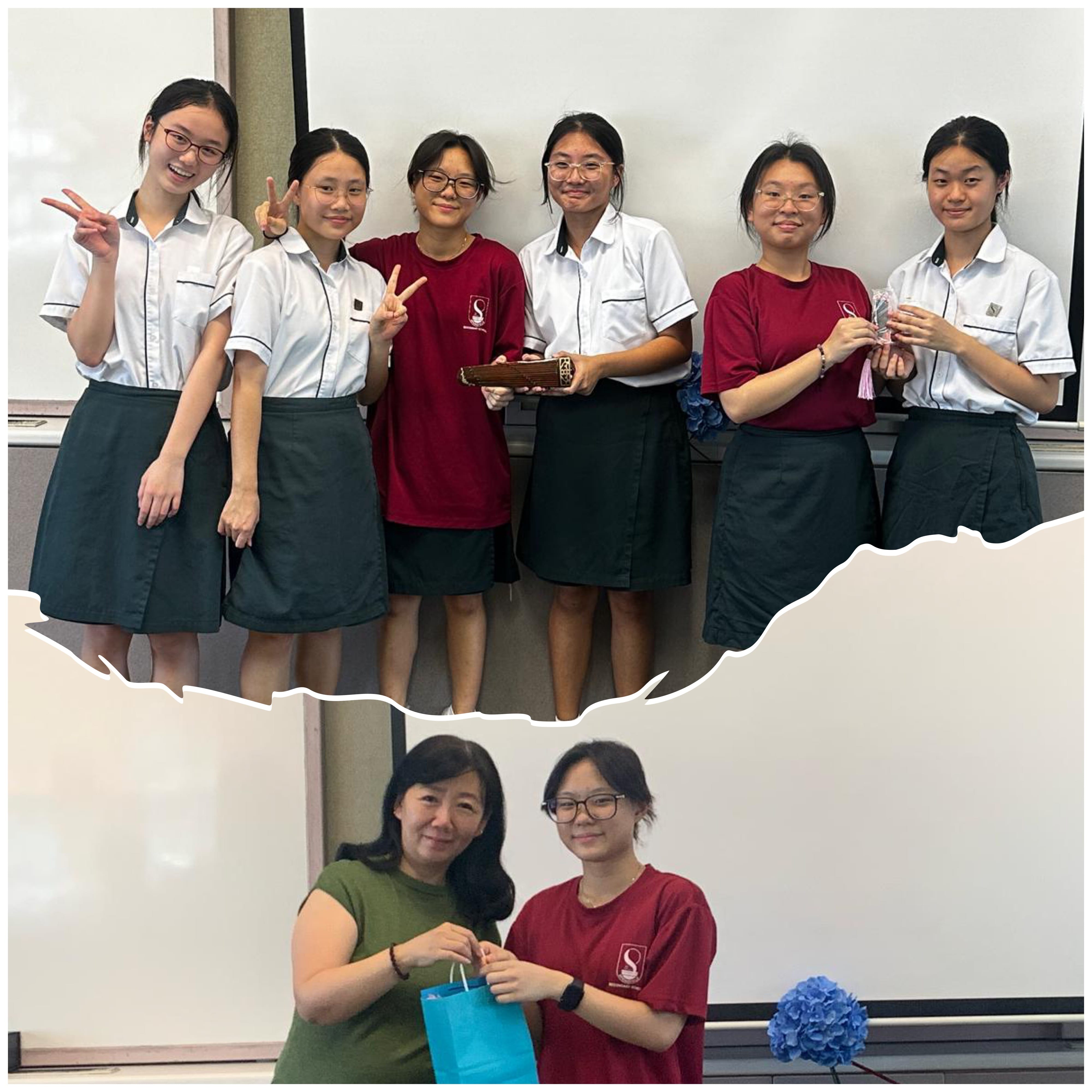 Six uniformed schoolgirls pose together, and below, a woman in green hands a blue gift bag to a student.
