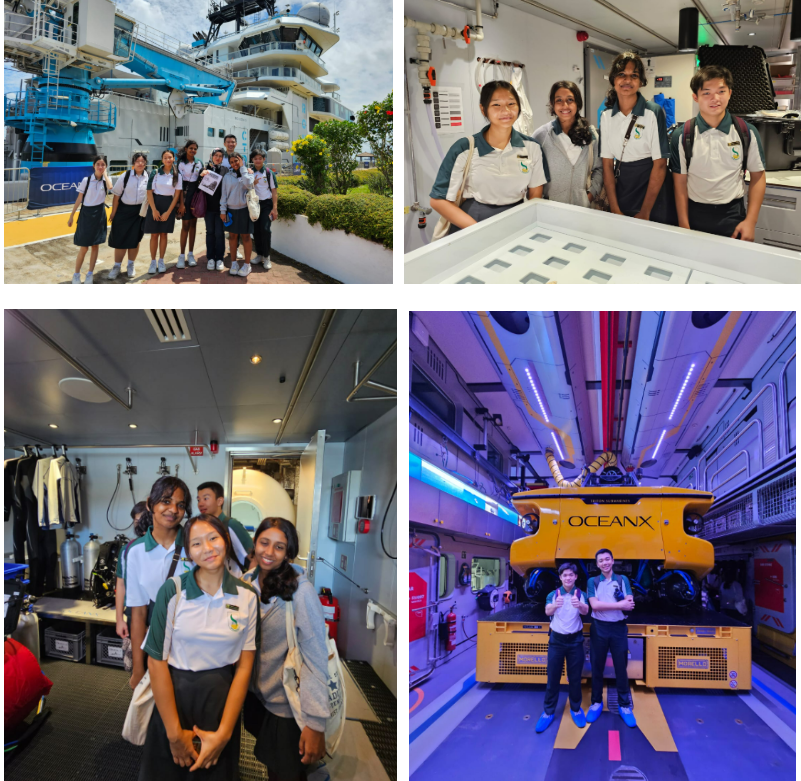 Students in school uniforms touring an OceanX vessel, posing near equipment, dive gear, and a yellow submersible.