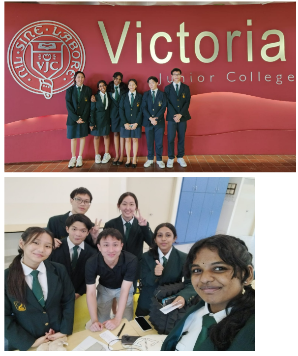 Seven students in uniform pose before a Victoria Junior College sign; below, six students take a selfie indoors.