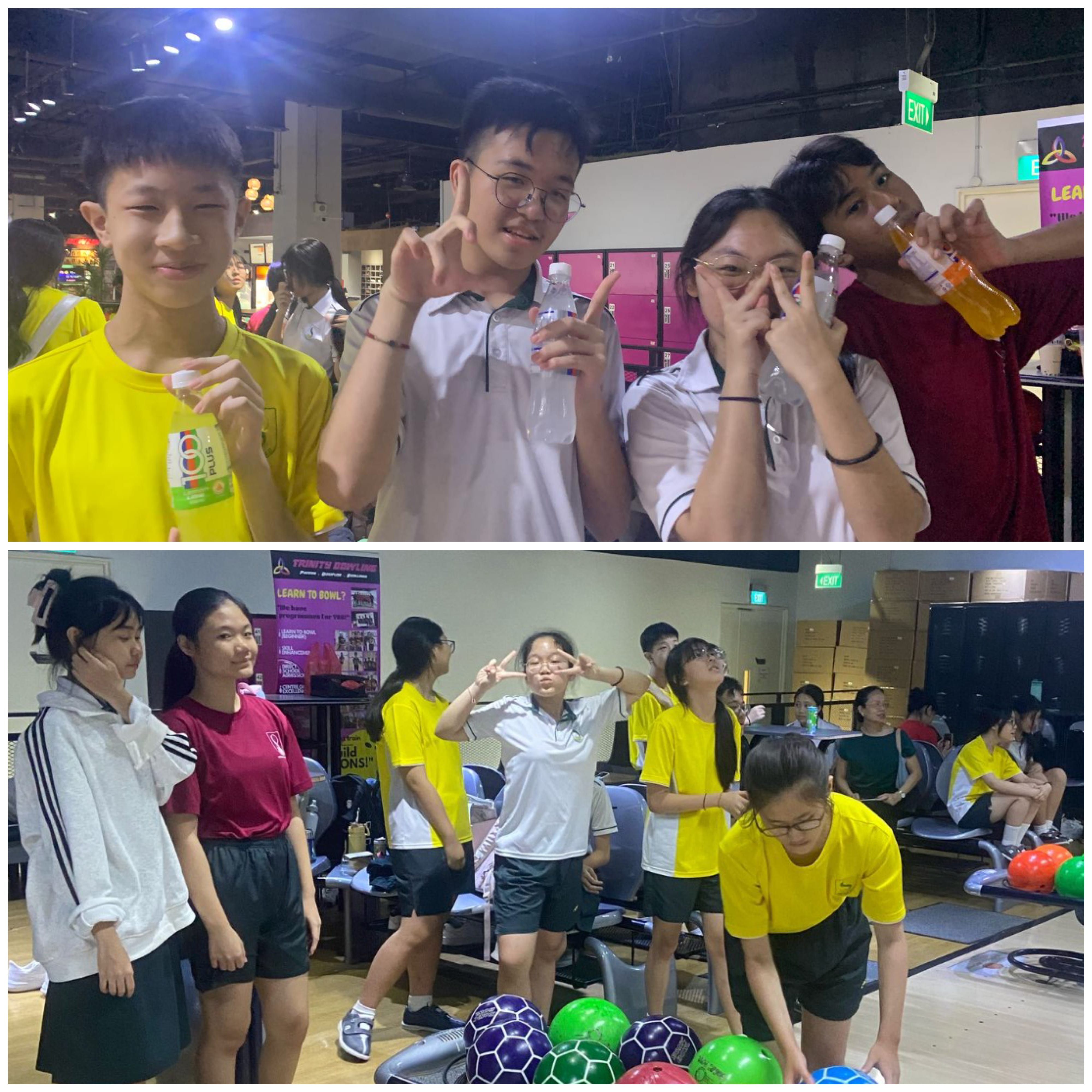 Teenagers posing and bowling at a bowling alley, with colorful bowling balls visible in the lower photo.