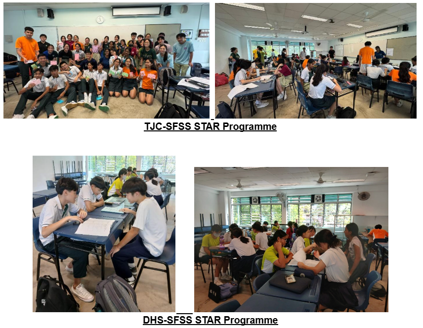 Four classroom photos showing students in uniforms participating in TJC-SFSS and DHS-SFSS STAR Programmes.
