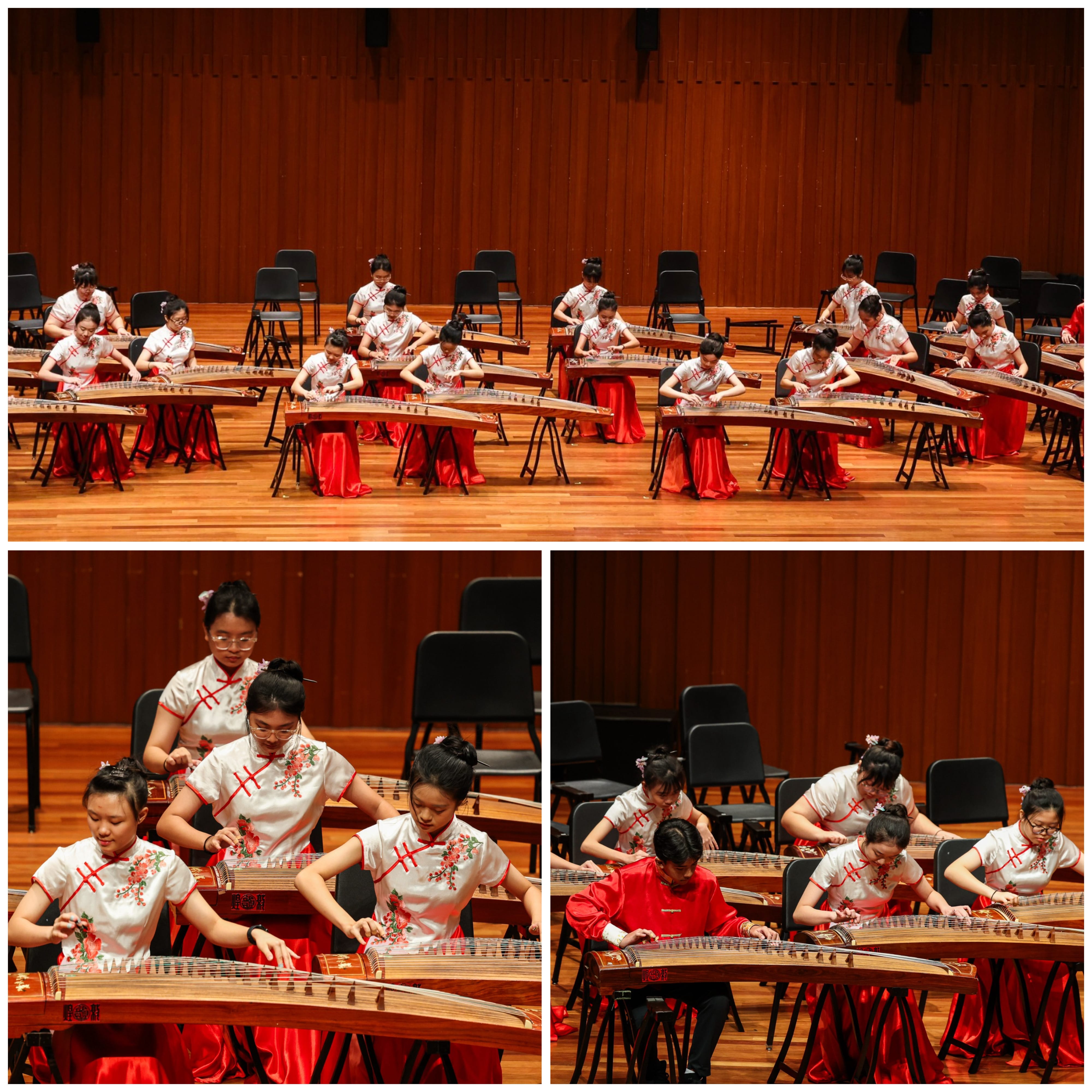 Young women in white and red qipao dresses perform on guzheng instruments on a wooden concert stage.