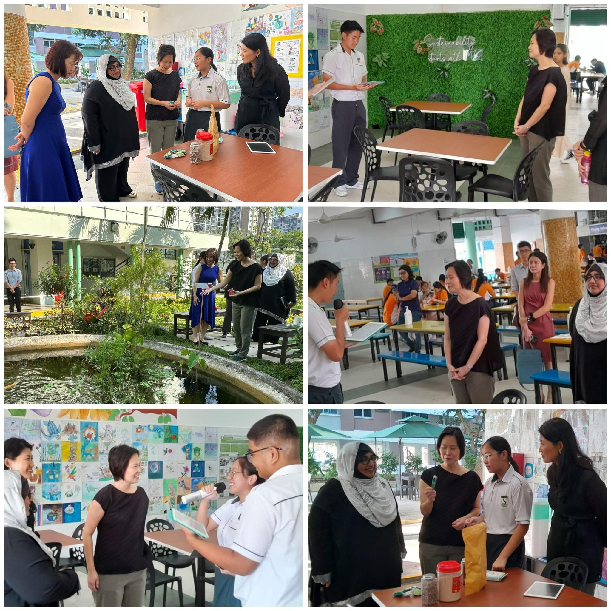Six photos of adults and students gathered in various school areas including a garden, cafeteria, and outdoor spaces.