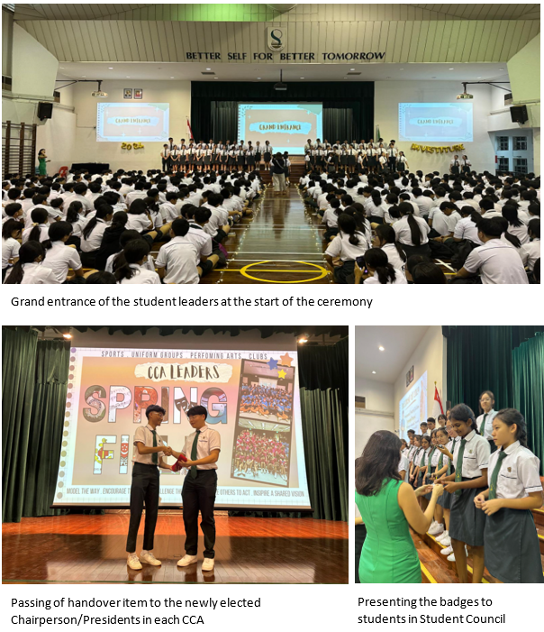 Three school ceremony scenes: students in a hall, a handover moment, and badge presentation to Student Council members.