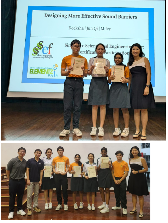 Four students and a teacher hold certificates on stage before a slide reading "Designing More Effective Sound Barriers."