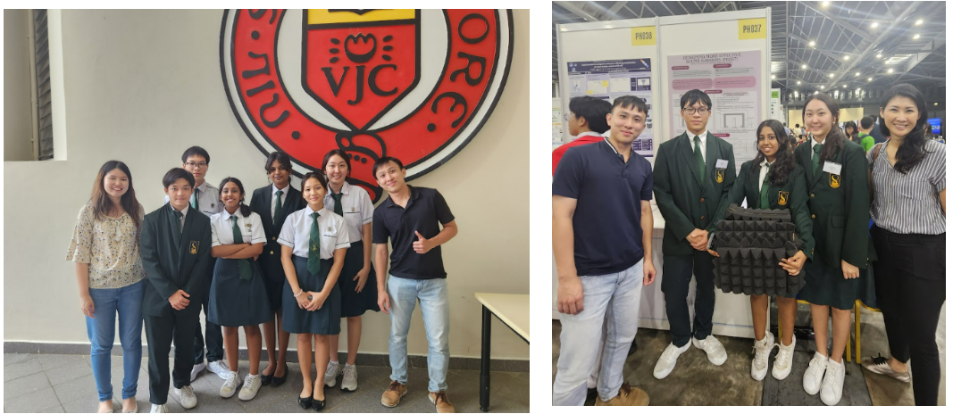 Two group photos of students in green blazers, one by a VJC crest, one at a science fair with posters.