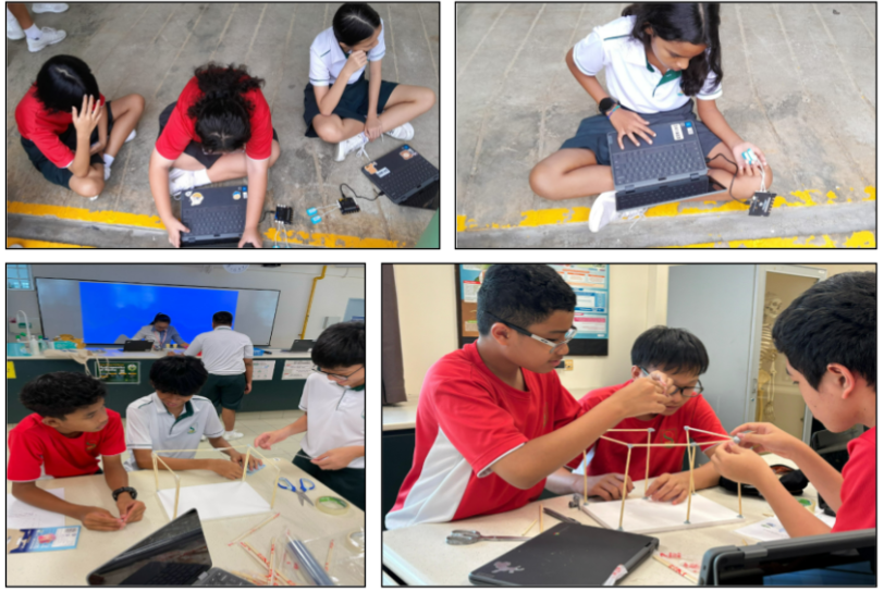 Students in uniforms work on laptops outdoors and build wooden stick structures indoors in four photos.