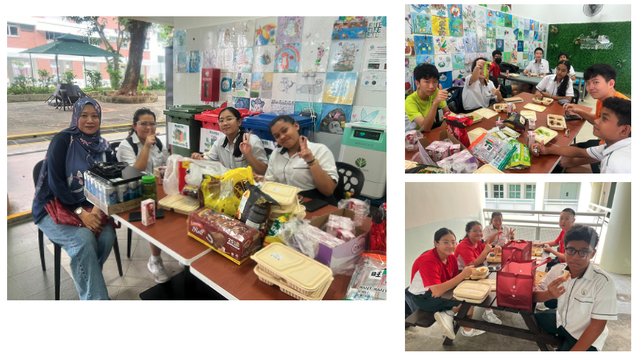 Students in school uniforms sit at tables covered with food packages, posing and smiling in three separate photos.