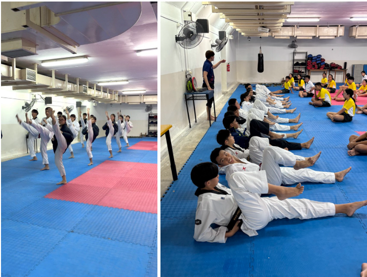 Students in white uniforms practice taekwondo kicks on mats, while another group stretches on blue mats with an instructor.