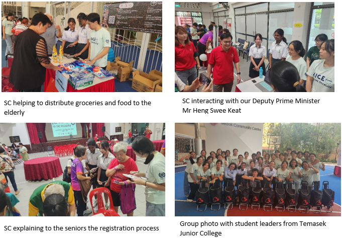 Four photos show students distributing groceries, meeting a Deputy Prime Minister, helping seniors register, and posing in a group photo.