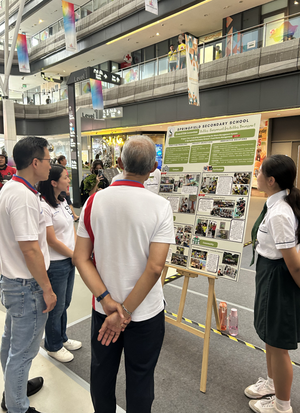 People stand viewing a Springfield Secondary School project display board on an easel inside a mall.