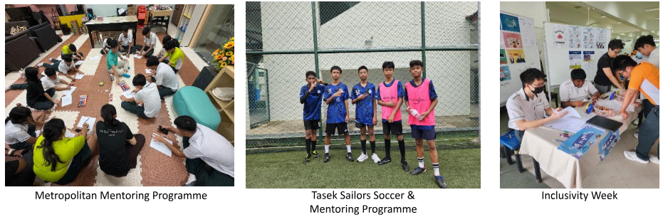 Three program photos: students on floor doing activities, four boys in soccer kits on a pitch, and students at an Inclusivity Week table.