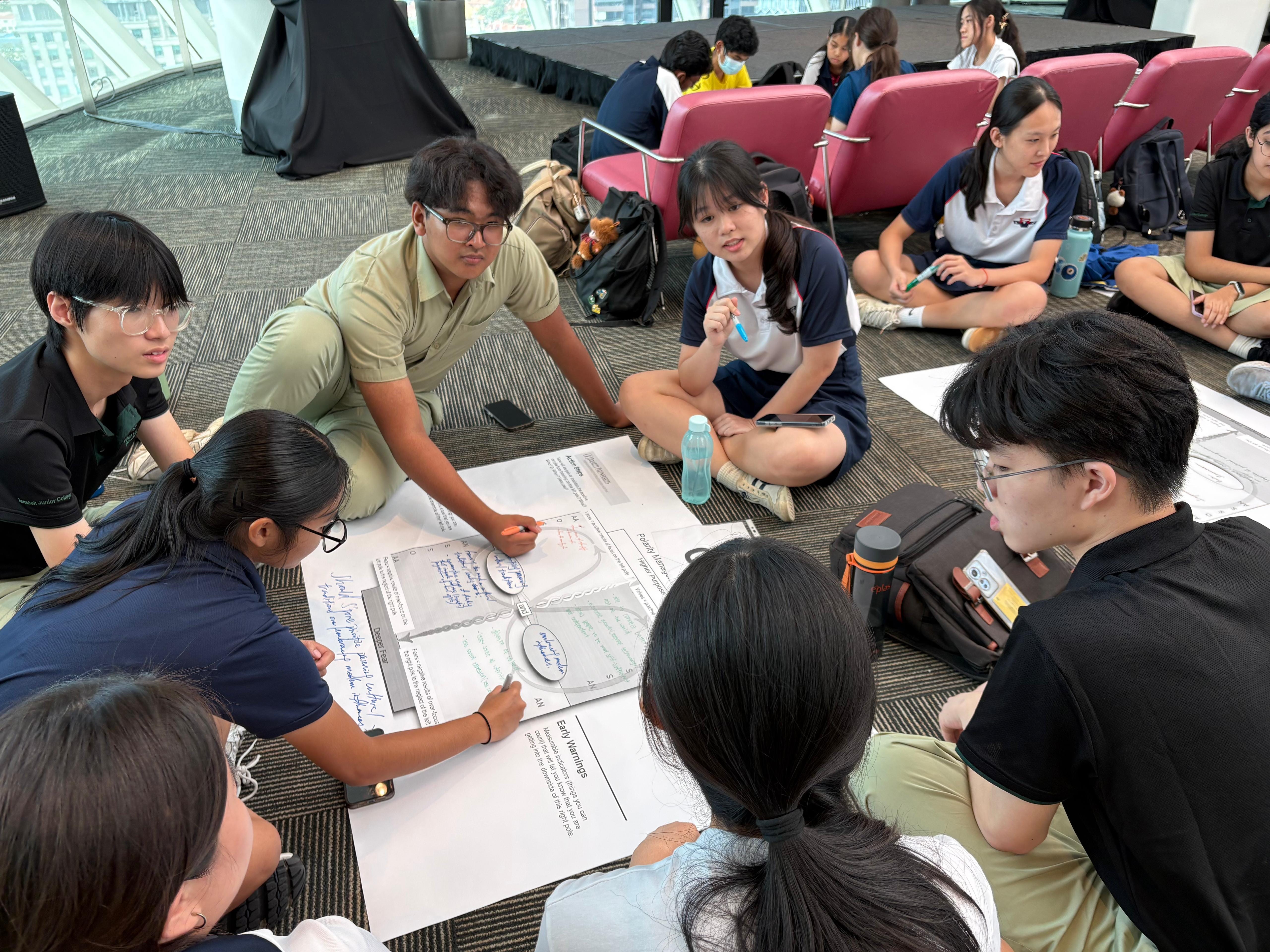 A group of students from different schools sit on the floor together, collaborating on a large printed worksheet, in a bright venue with floor-to-ceiling windows.