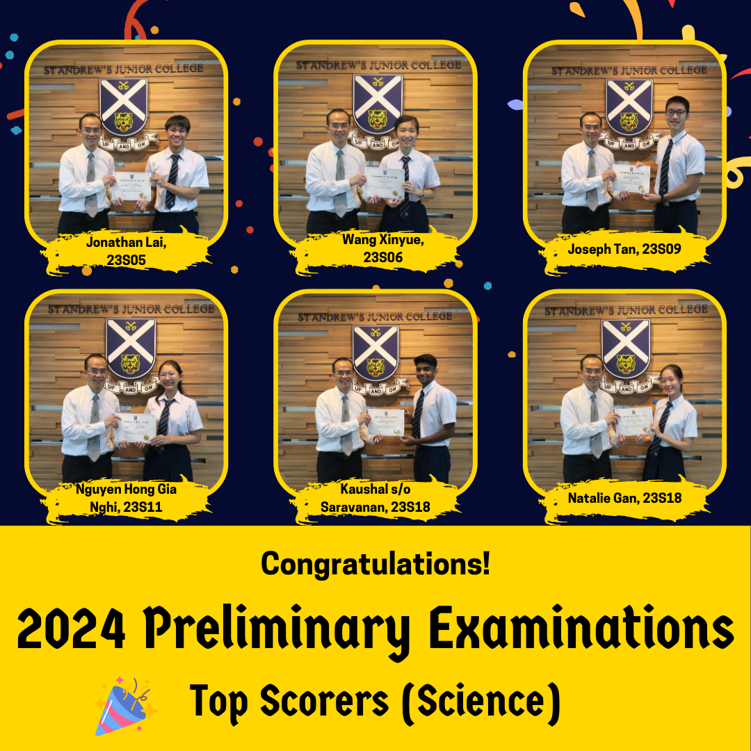 Six students from St Andrew's Junior College receive certificates, recognized as 2024 Preliminary Examinations Top Scorers in Science.