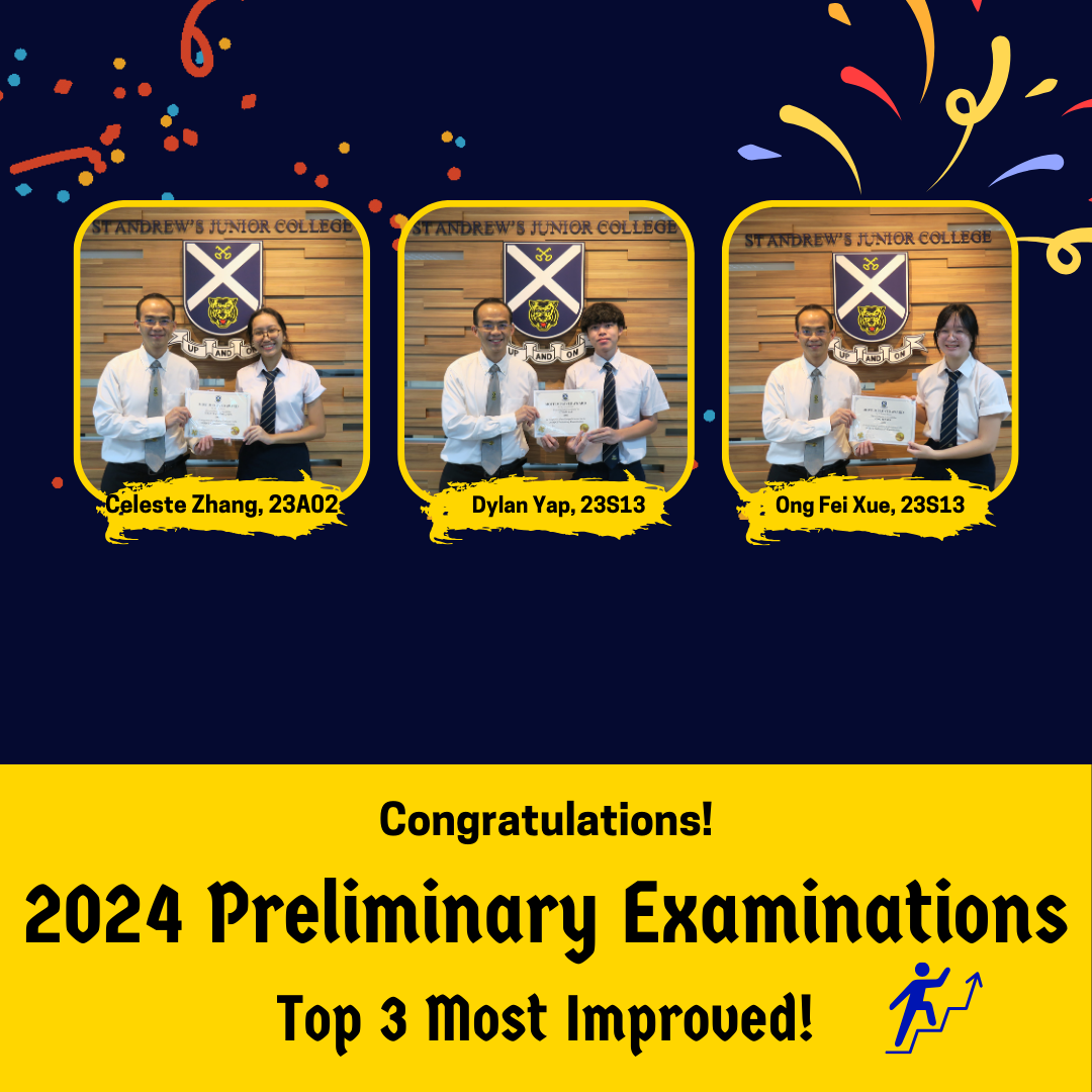 Three students from St Andrew's Junior College each hold certificates, recognized as Top 3 Most Improved in 2024 Prelims.