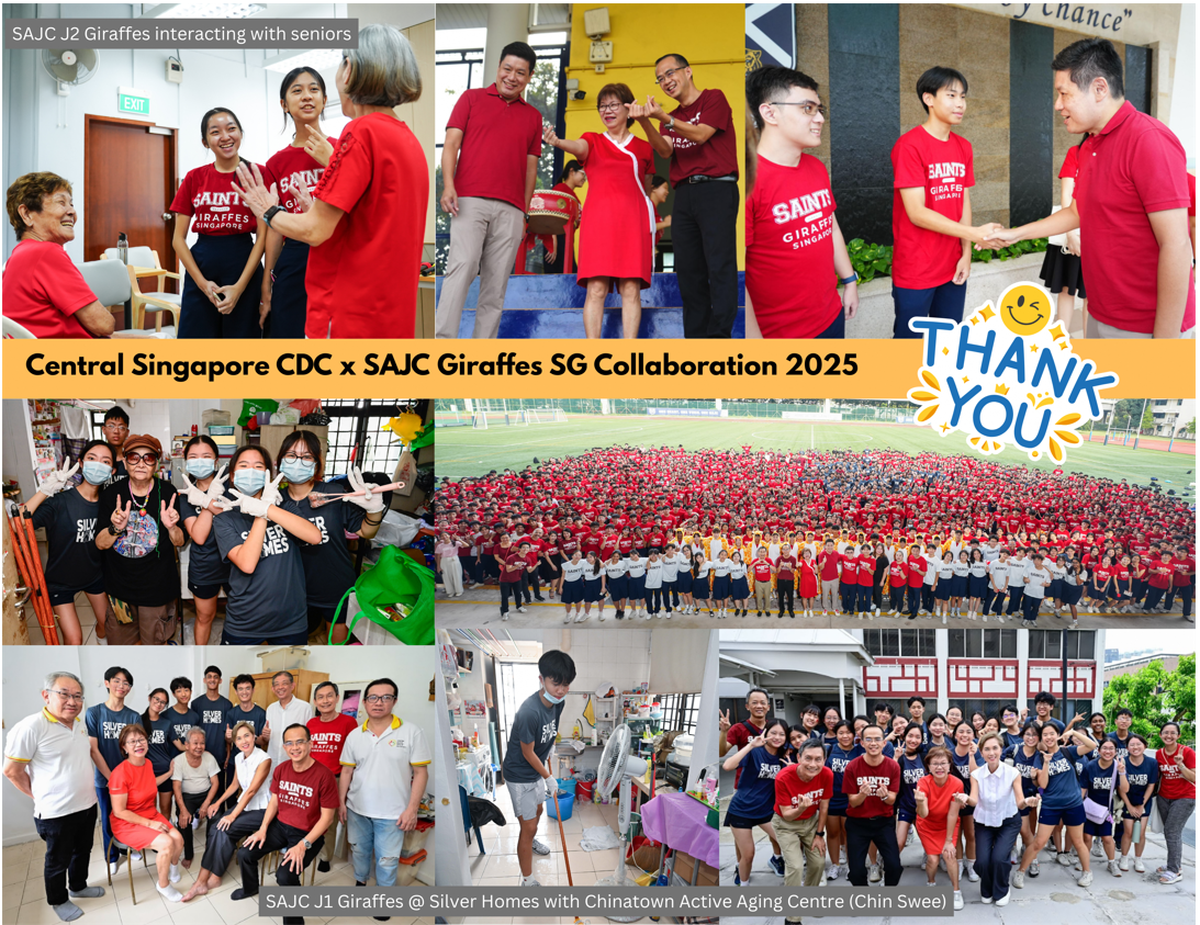 Collage of students in red Saints Giraffes shirts volunteering with seniors for Central Singapore CDC x SAJC 2025 collaboration.