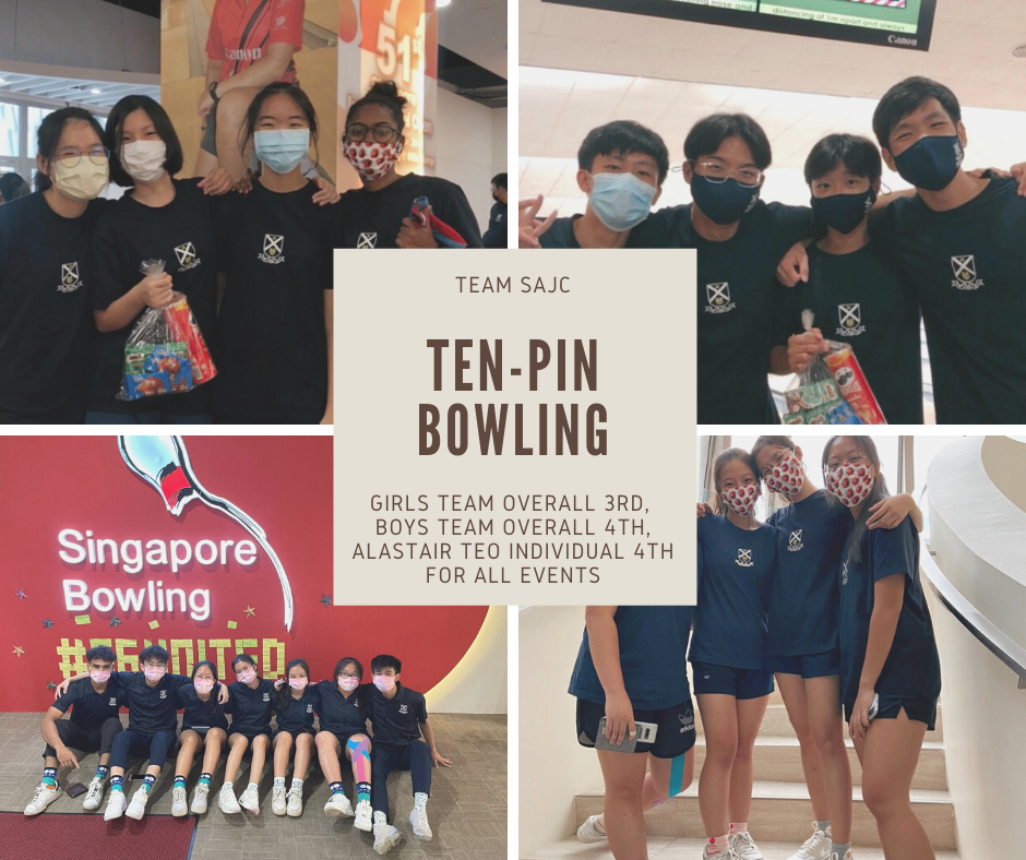 Team SAJC students in masks celebrate ten-pin bowling results at Singapore Bowling center.