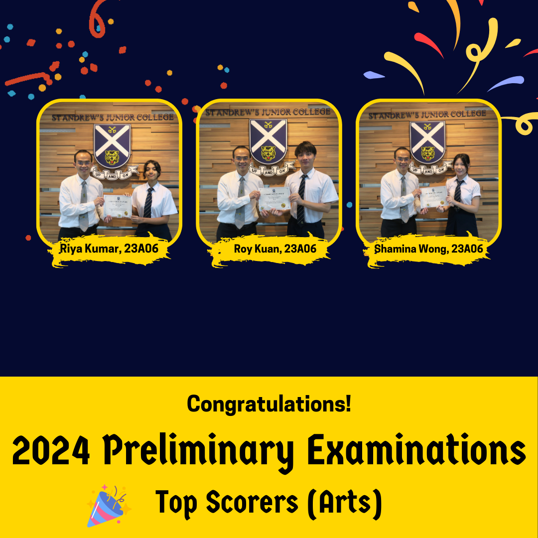 Three students from St Andrew's Junior College hold certificates, recognized as 2024 Preliminary Examinations Top Scorers in Arts.