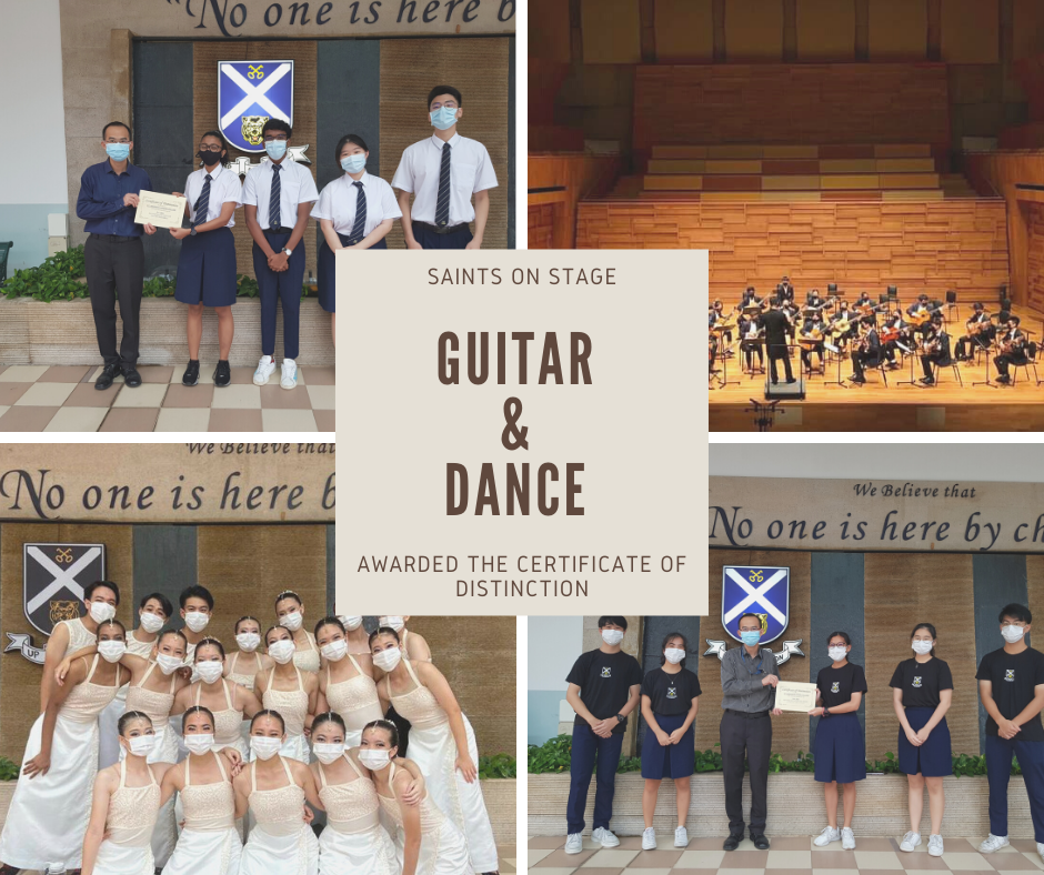 Four photos of masked students from Saints on Stage Guitar and Dance groups awarded Certificate of Distinction.