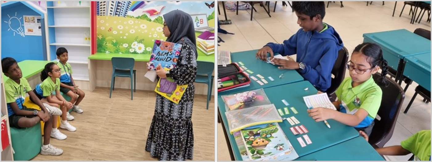 A teacher in a hijab holds a book for seated students; two children work with cards at a teal desk nearby.