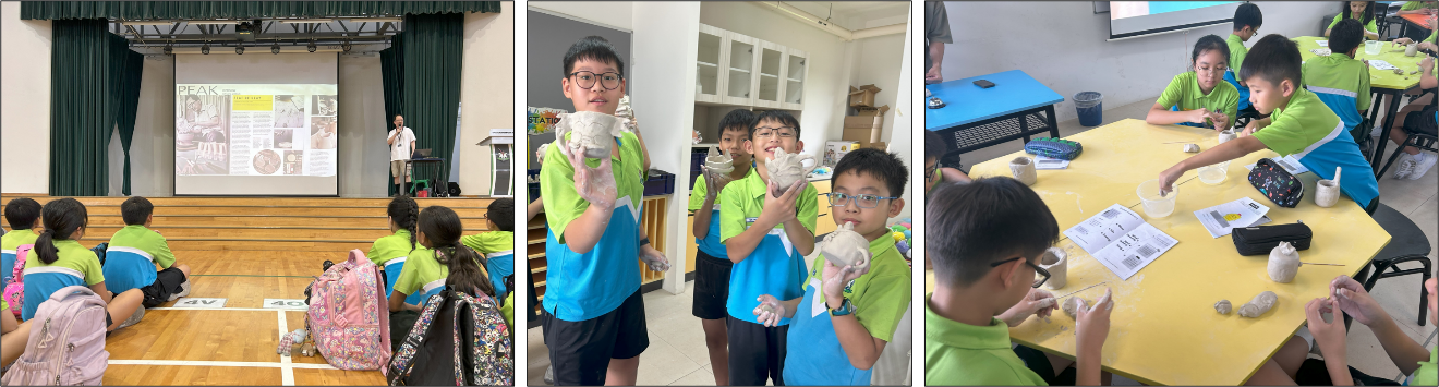 Students in green and blue uniforms attend a presentation, then work on clay sculpting projects in a classroom.
