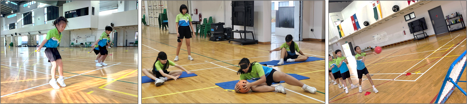 Three gym scenes show children in green uniforms playing with balls, stretching on mats, and throwing toward a goal indoors.