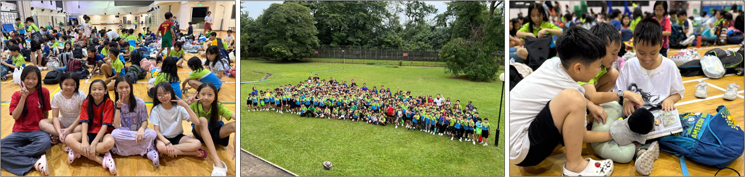 Three school event photos: children sitting in a gym, a large group on a field, and two boys reading together.