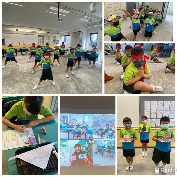 Young students in green uniforms with masks dance, do crafts, and pose with colorful headbands in classroom activities.