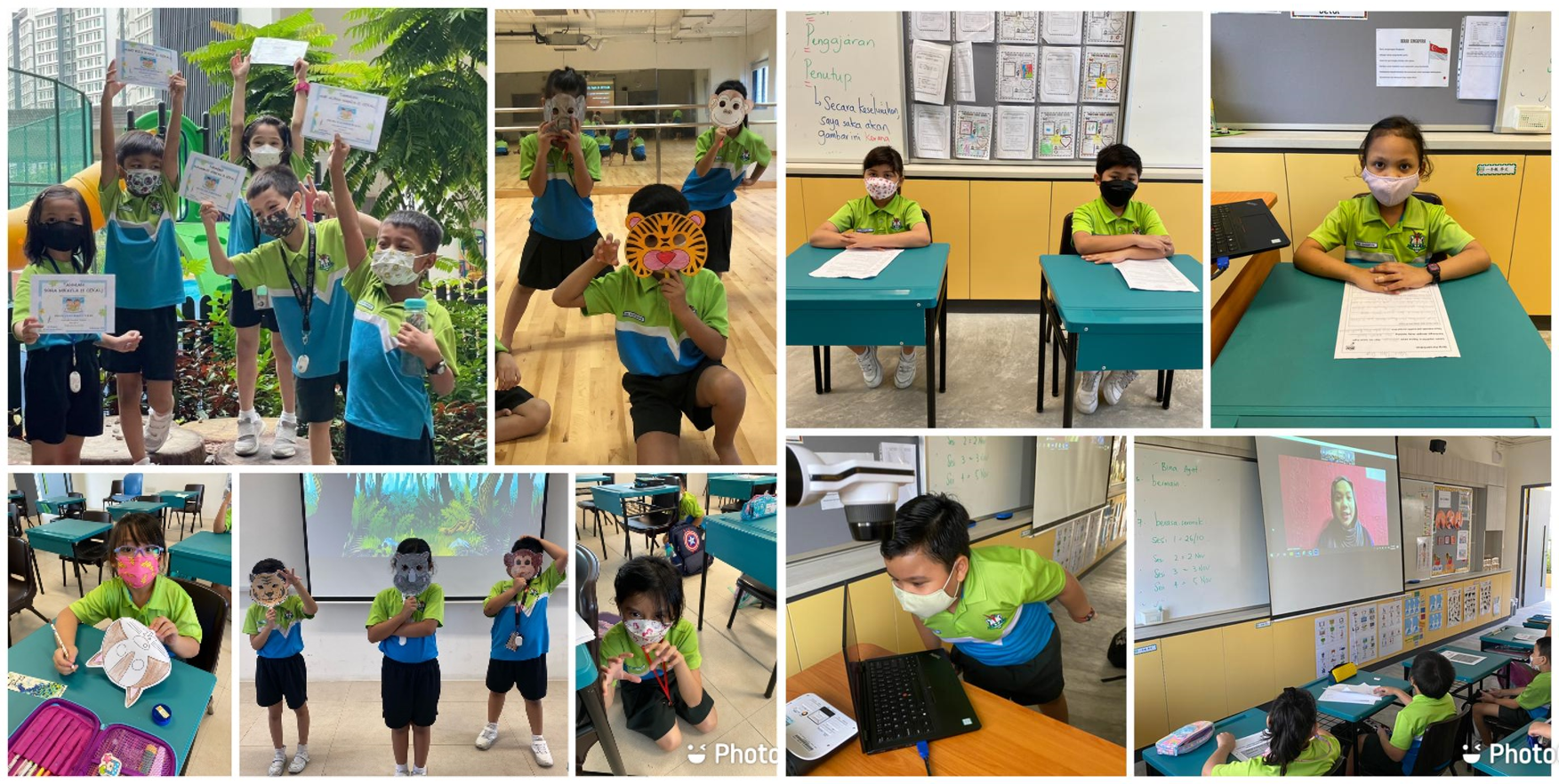 Collage of masked schoolchildren holding certificates, wearing animal masks, and doing classwork in a classroom.