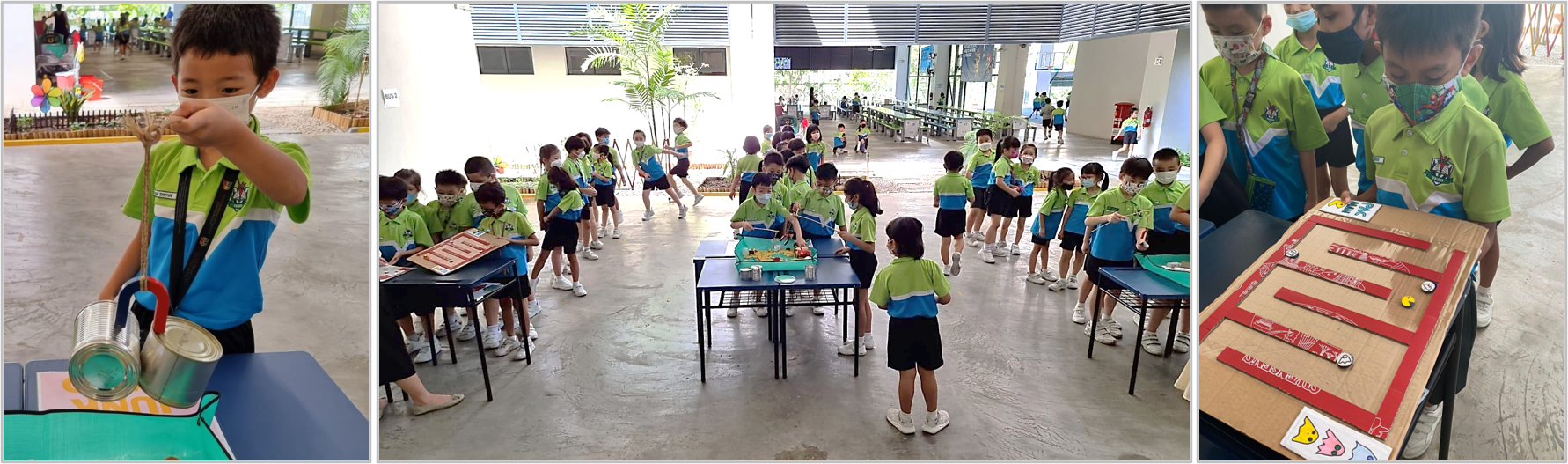 Young children in green uniforms and masks participate in hands-on activity stations, including a tin can experiment and a board game.