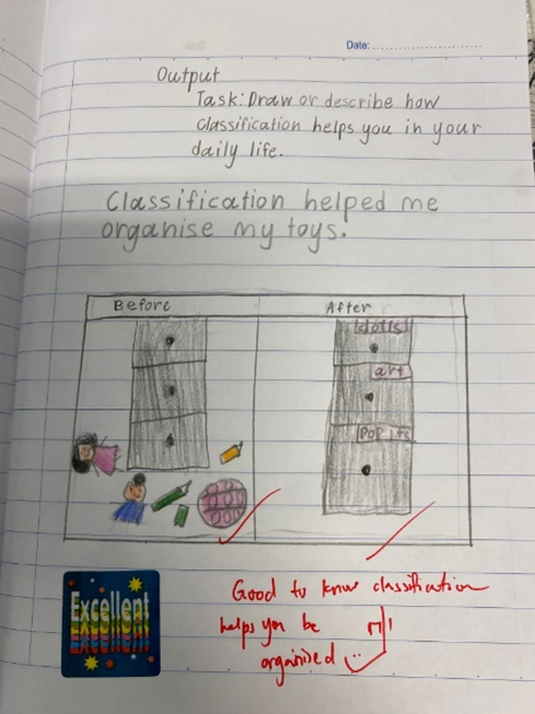 Child's notebook showing a before-and-after drawing of toy organization, with handwritten text about classification.