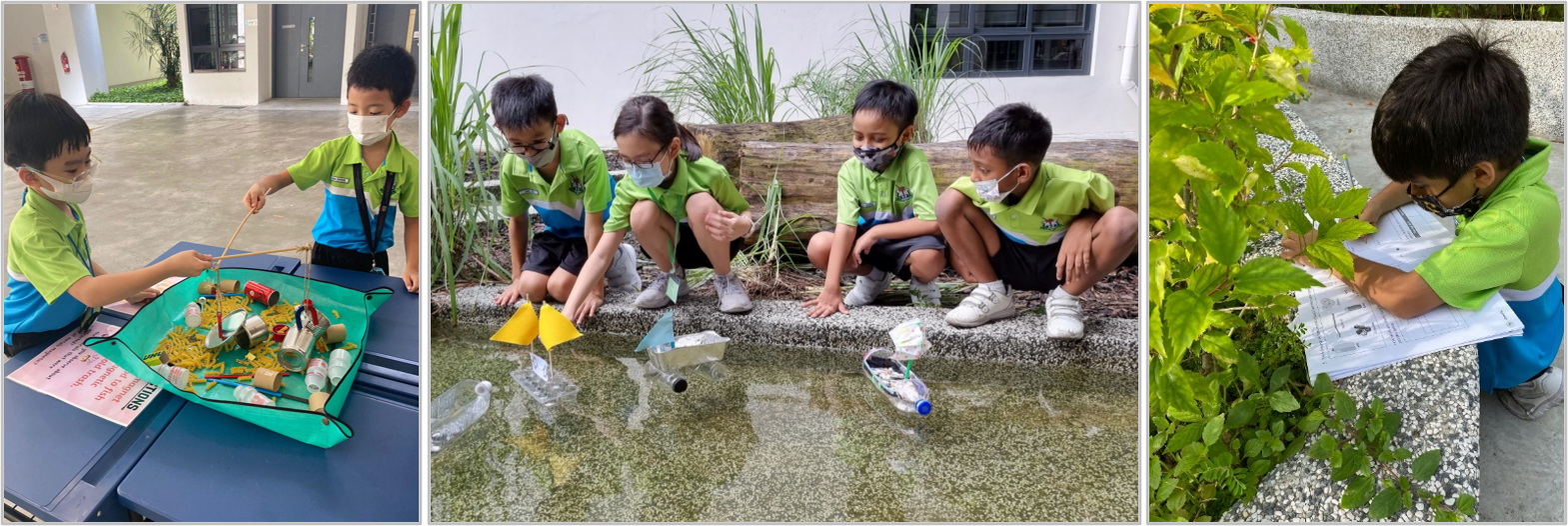 Children in green uniforms and masks do hands-on activities: sorting trash, floating boats in a pond, and observing plants.