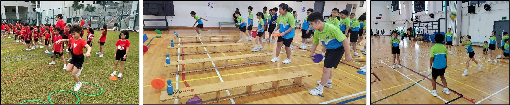 Three photos of children in PE class doing activities: hoop jumping outdoors, frisbee drills, and volleyball indoors.