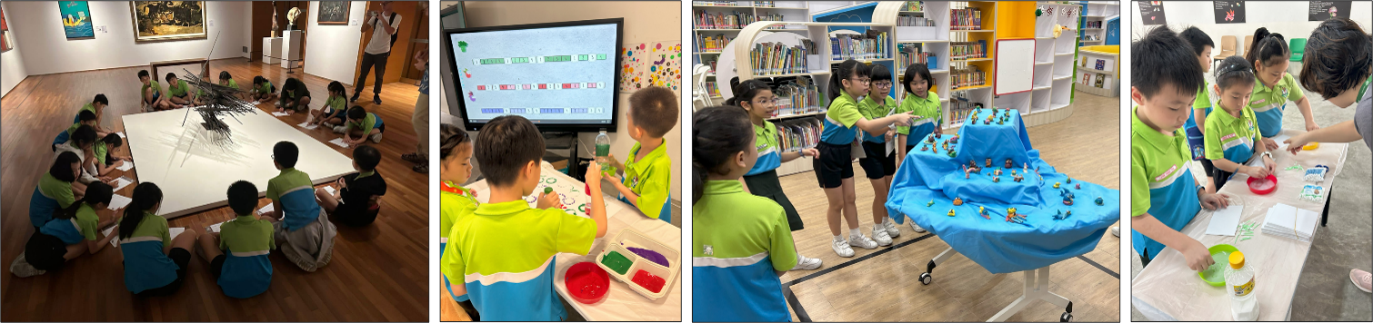 Four scenes of children in green uniforms doing activities: sitting in a gallery, using a screen, exploring a library display, and crafting.