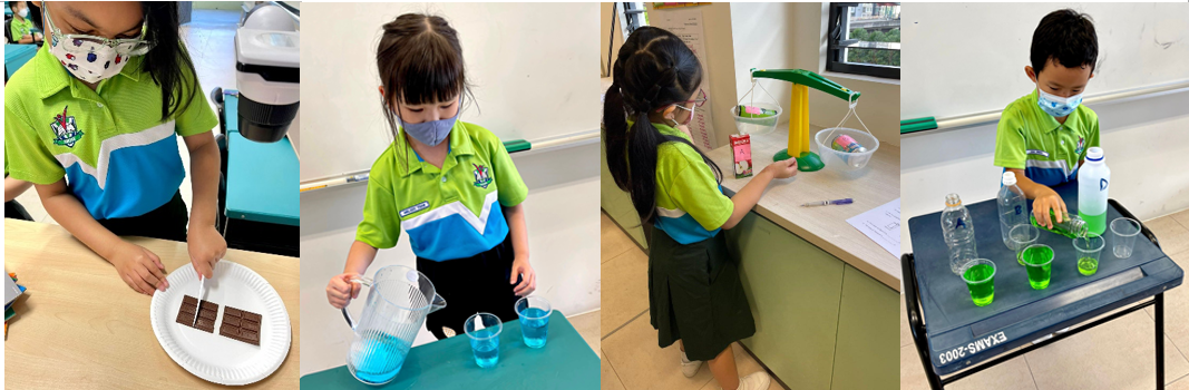Four young children in green uniforms conduct science activities with chocolate, water, a scale, and green liquid.