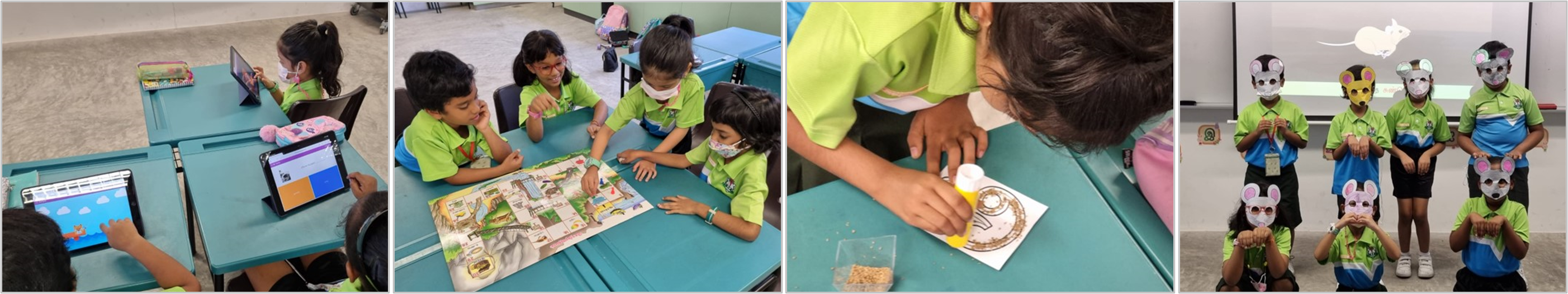 Four panels show young students in green uniforms doing classroom activities including tablets, a board game, crafts, and wearing animal masks.