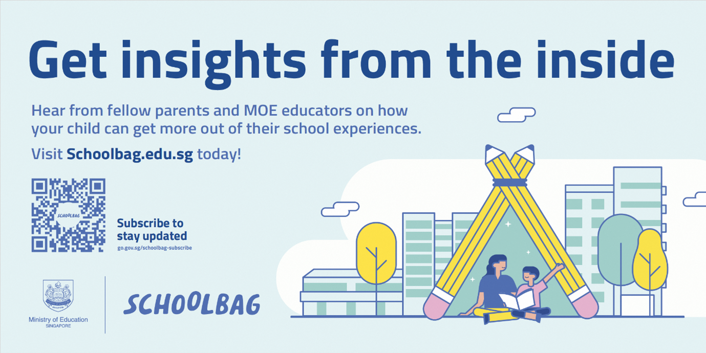 Singapore MOE Schoolbag.edu.sg ad showing an adult and child reading under a tent made of pencils.