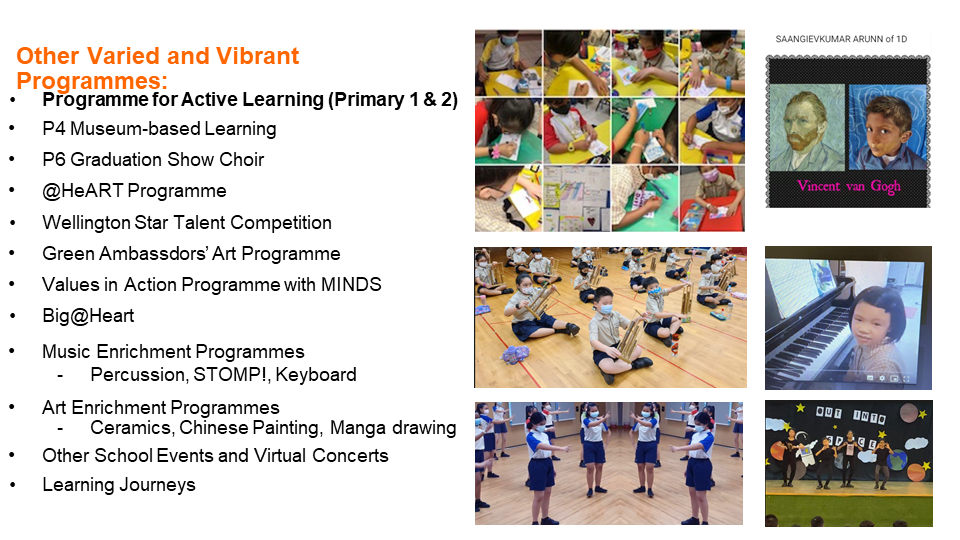 Slide listing school programmes with photos of students doing art, music, and dance activities.