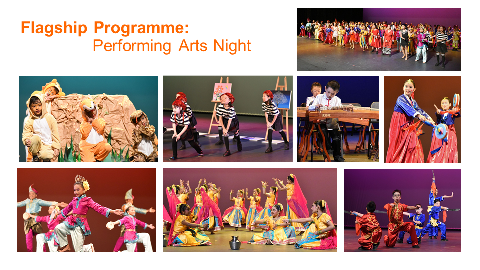 Collage of children performing dances, theater, and music on stage for a Flagship Performing Arts Night event.