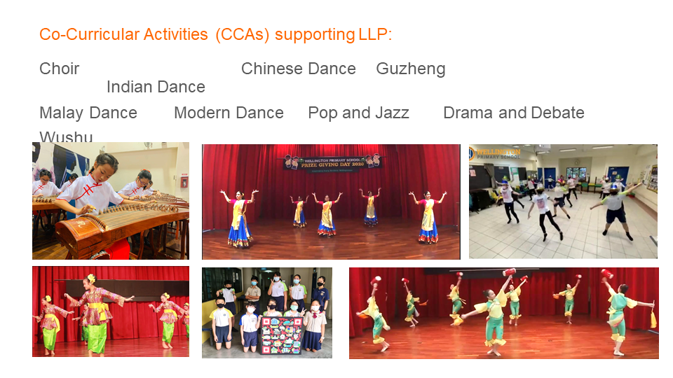 Six photos showing students performing Indian dance, Malay dance, Chinese dance, Modern dance, and playing Guzheng at school.