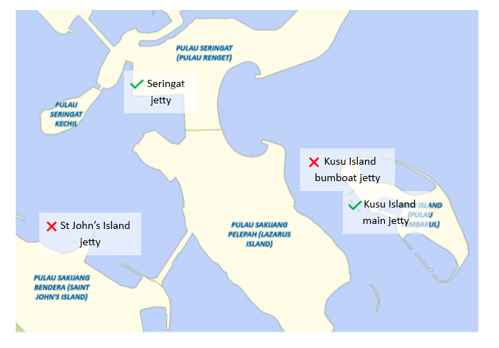 Map indicating jetties on St John and Kusu Island