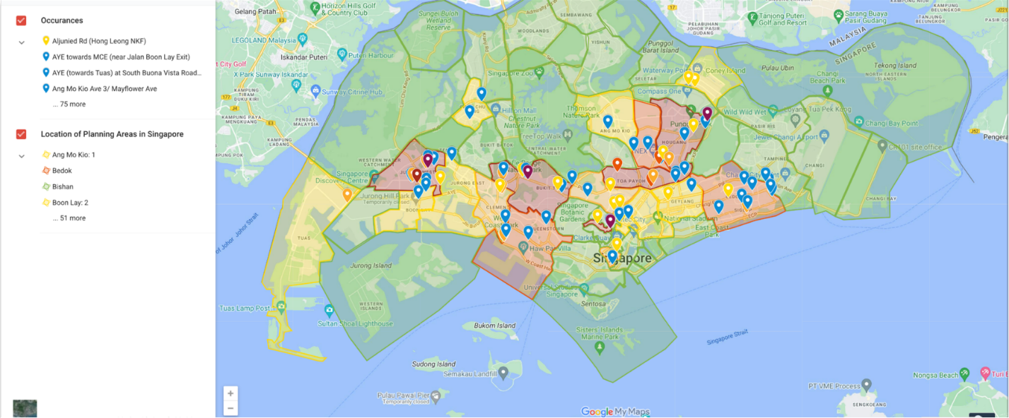 A map of singapore which different areas indicated in different colours