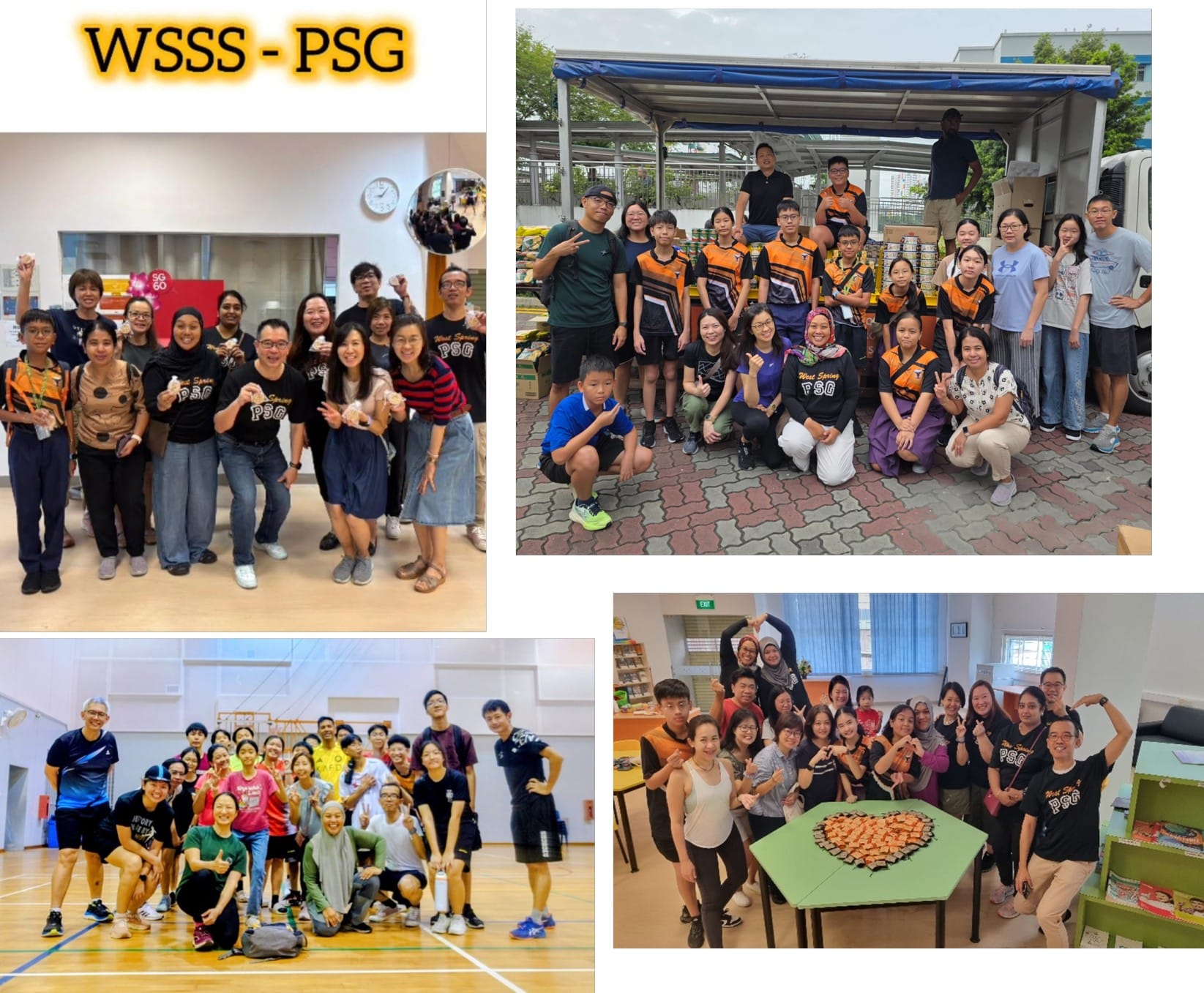 Four group photos of WSSS-PSG members posing together at various school and indoor events.