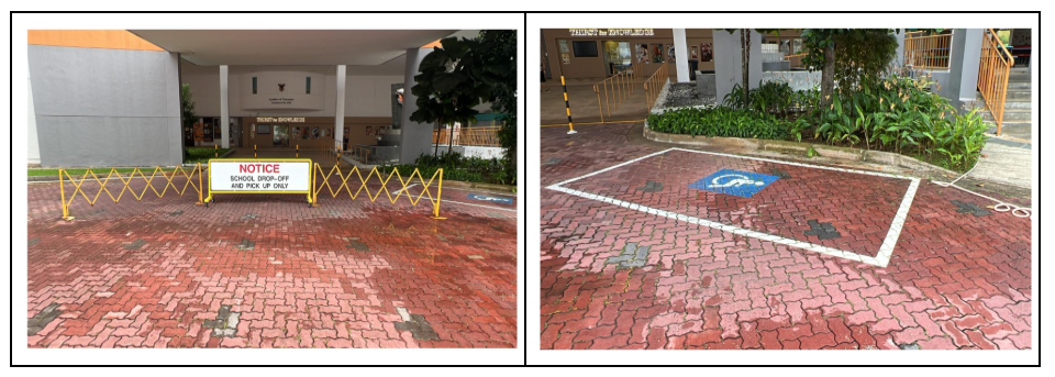 Two outdoor photos: a school drop-off notice with yellow barrier and a wheelchair accessible parking bay on red brick pavement.