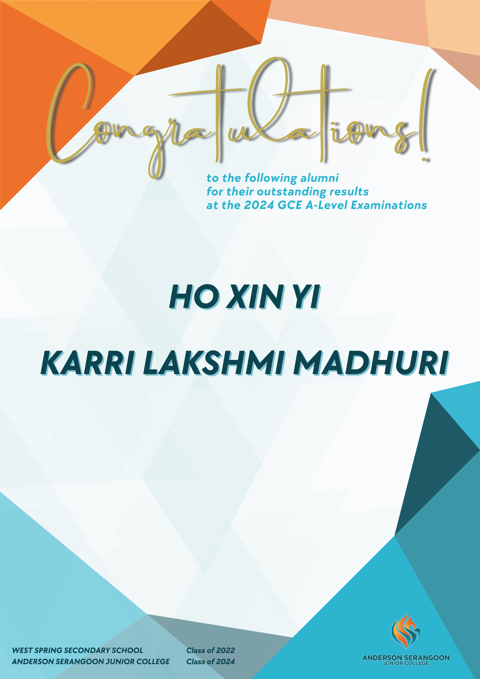 Certificate congratulating Ho Xin Yi and Karri Lakshmi Madhuri for outstanding 2024 GCE A-Level results.