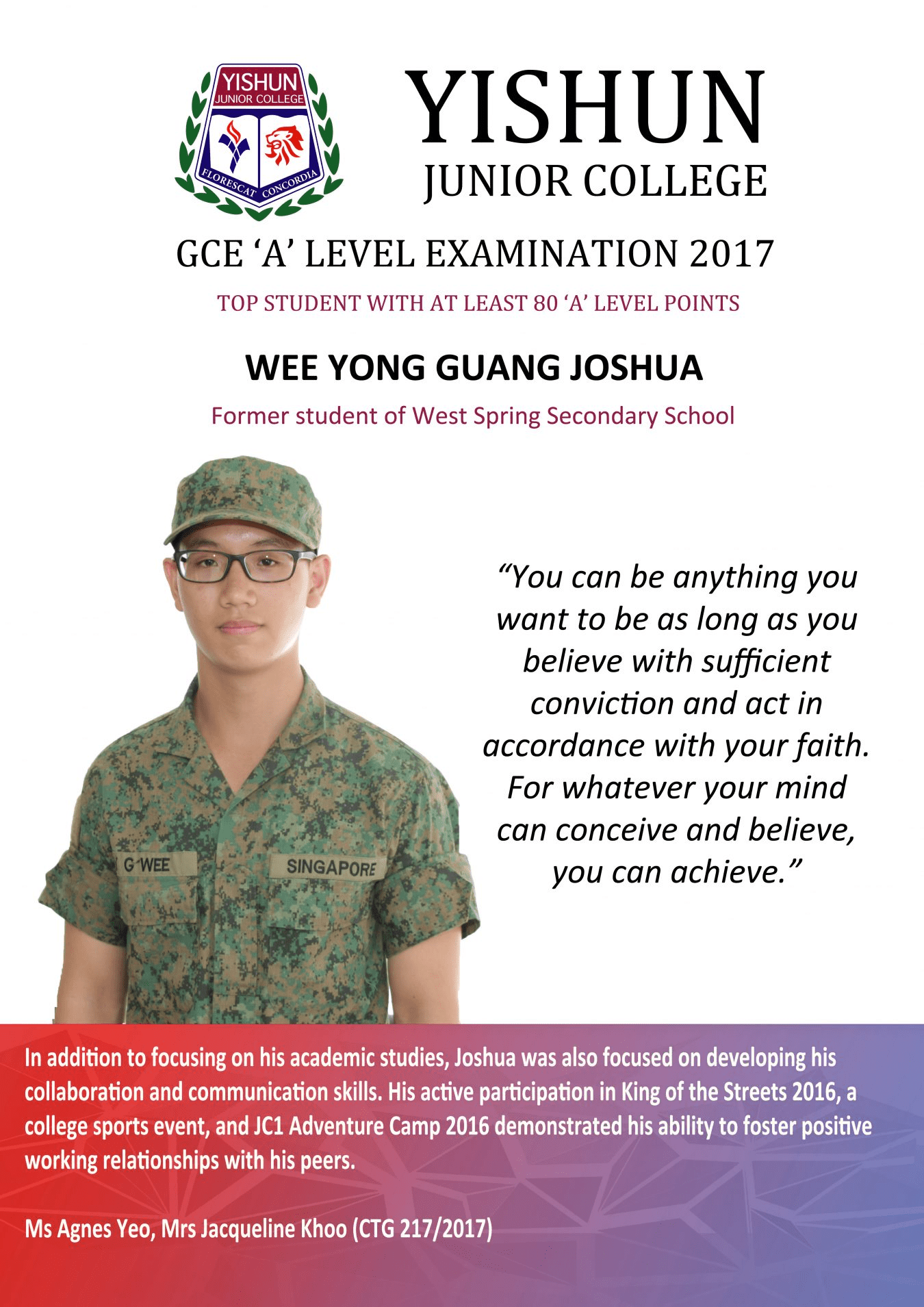 Yishun Junior College 2017 GCE A-Level top student award flyer featuring Joshua Wee in military uniform.