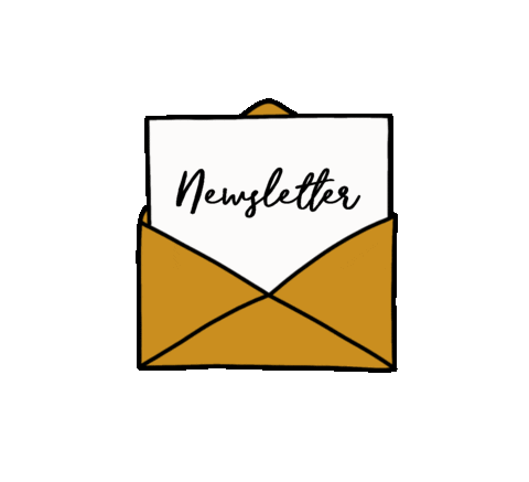 Open golden envelope with a white paper sticking out reading "Newsletter" in cursive script.