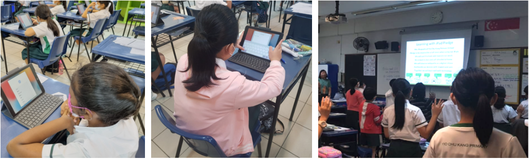 Students in a classroom using tablets at desks, and a group watching a projected screen on the wall.