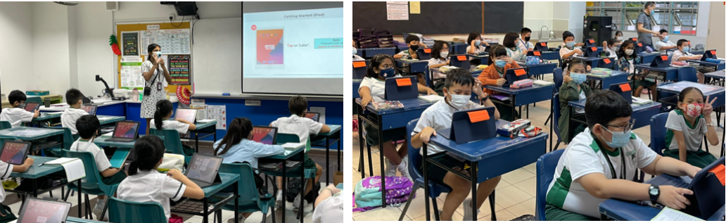 Two classroom photos showing masked students with tablets at desks, one with a teacher presenting on a projector screen.